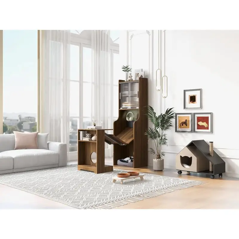 

Современный универсальный шкаф из орехового дерева середины века с кроватью с царапинами — приятная для кошек мебель для стильных домов