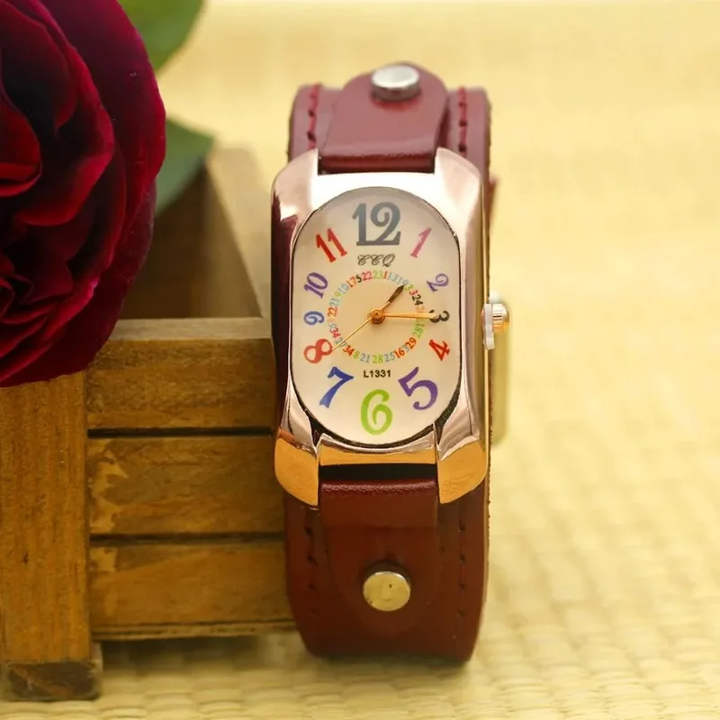 

Men's Watches Cow Leather Strap Color Digital Rectangle Women Watches Female Bronze Quartz Watch Student Leisure Watch Reloj