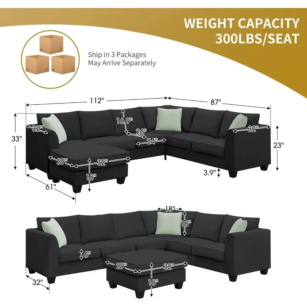 L Shape Sectional Couches for Living Room, 7 Seat Fabric Corner Couch with Movable Ottoman, Modern U Shaped Sectional Sofa