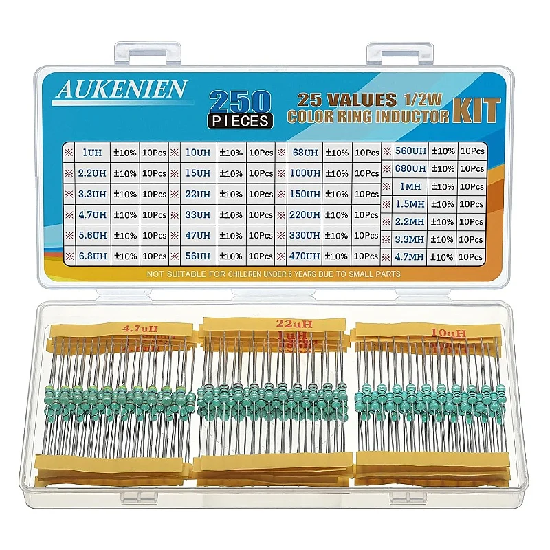 

AUKENIEN 1/2W Colour Ring Inductors 25 Values Inductor Kit 1uH to 4.7mH 250 Pieces 0410 DIP Colour Code Inductance 1/2 Watt