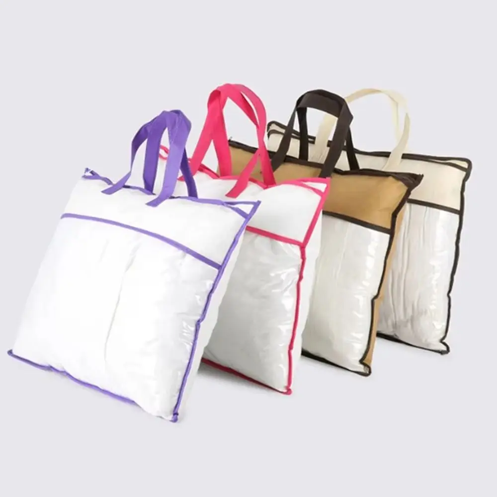 Non-woven Pillow Storage Bag with Zipper Dustproof Household Organizer PVC Transparent Tote Bag for Storing Pillows and Blankets