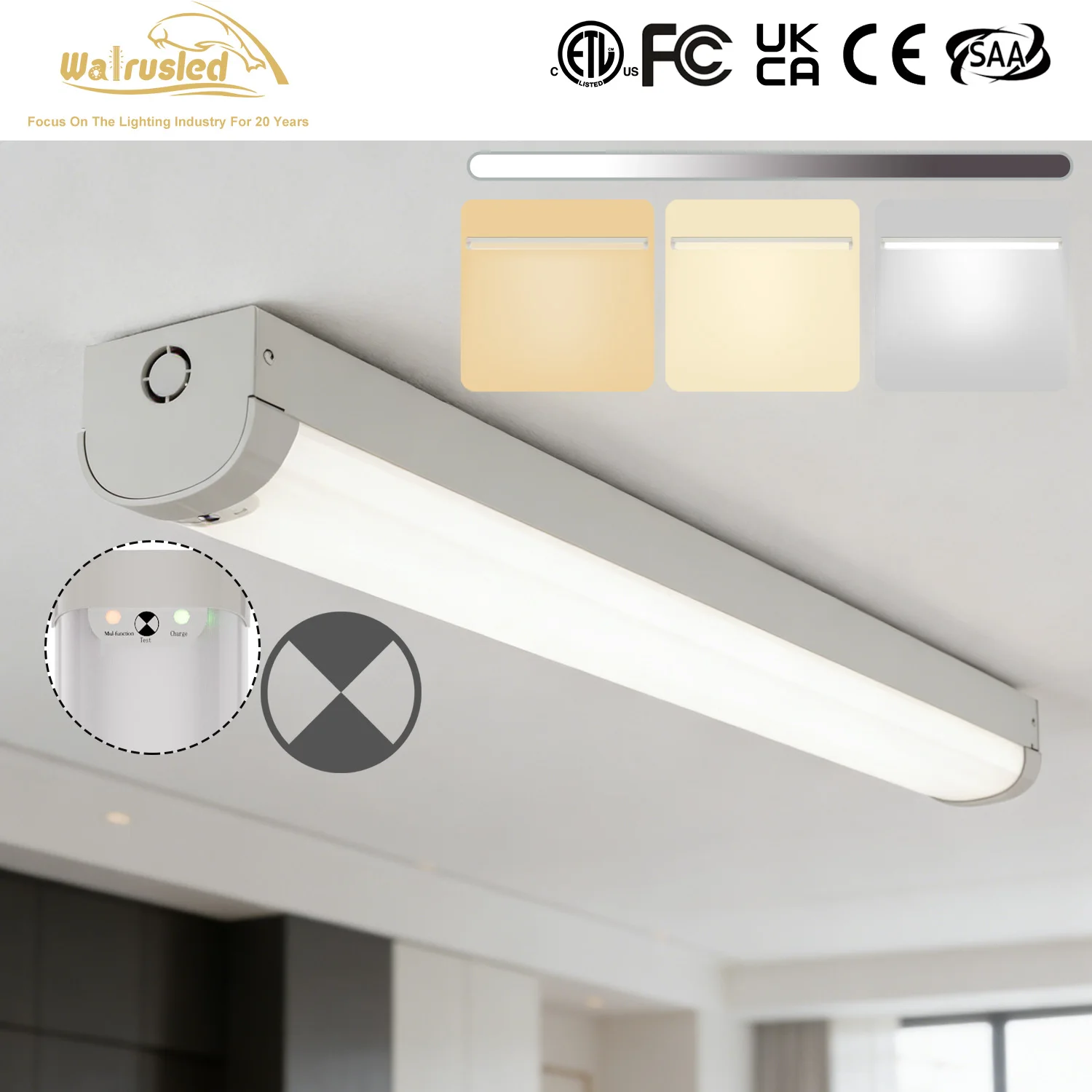 

Светодиодный линейный светильник для аварийного освещения лестничных пролетов, 4 фута, 40 Вт, 5000 лм, с резервным питанием от батареи, 30K/40K/50K, диммируемый 0-10В, потолочный, ETL