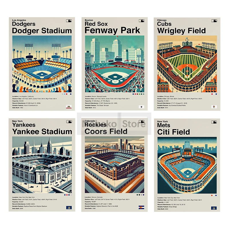 Mid Century Modern MLB Baseball Stadium Poster Retro Minimalist Prints Canvas Painting Wall Art Pictures Home Room Decoration