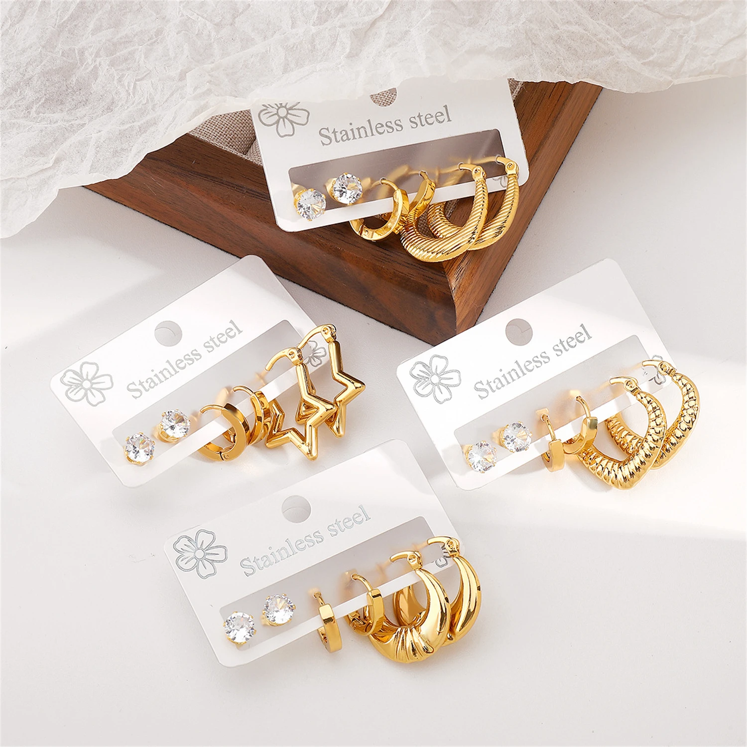 

Women's Stainless Steel 3 - Piece Chic Earring Set Stud & Hoop Combo with Crescent Star Details Trendy Daily Fashion Jewelry