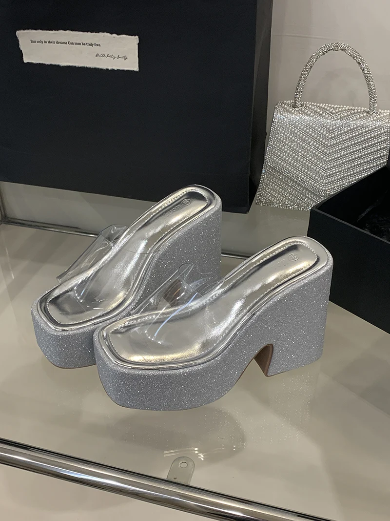 Pink Platform Heels Slippers 12cm Chunky Heeled Sandals For Woman PVC Clear Block Shoes Silver Summer Sandals Ladies Sandales