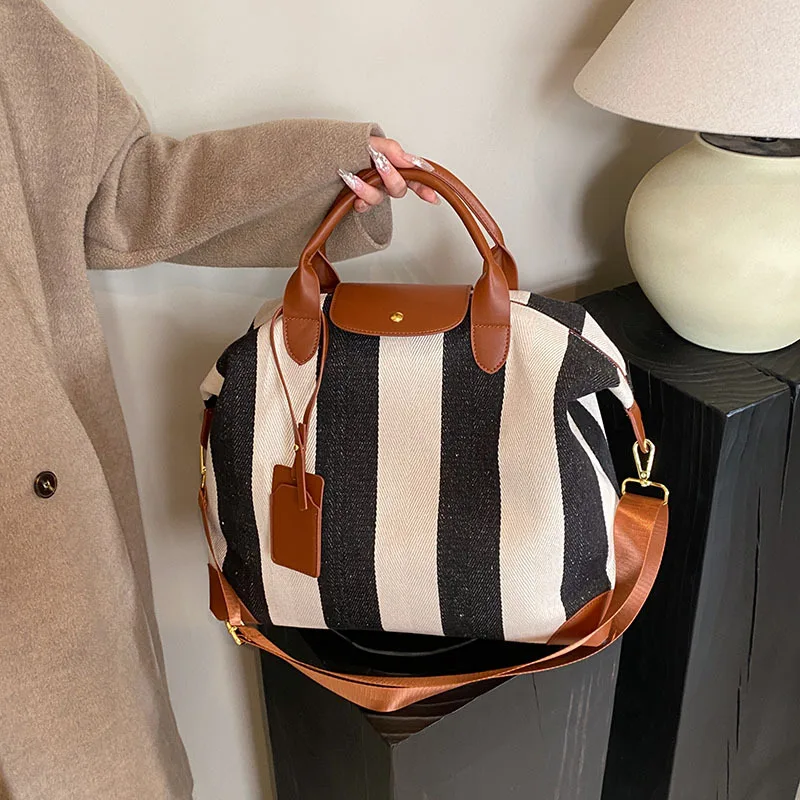 Classic Striped Pattern Shoulder Bag Simple All-Match Large Capacity Handle Satchel Bag Portable Short Travel Commuting Bag Lady