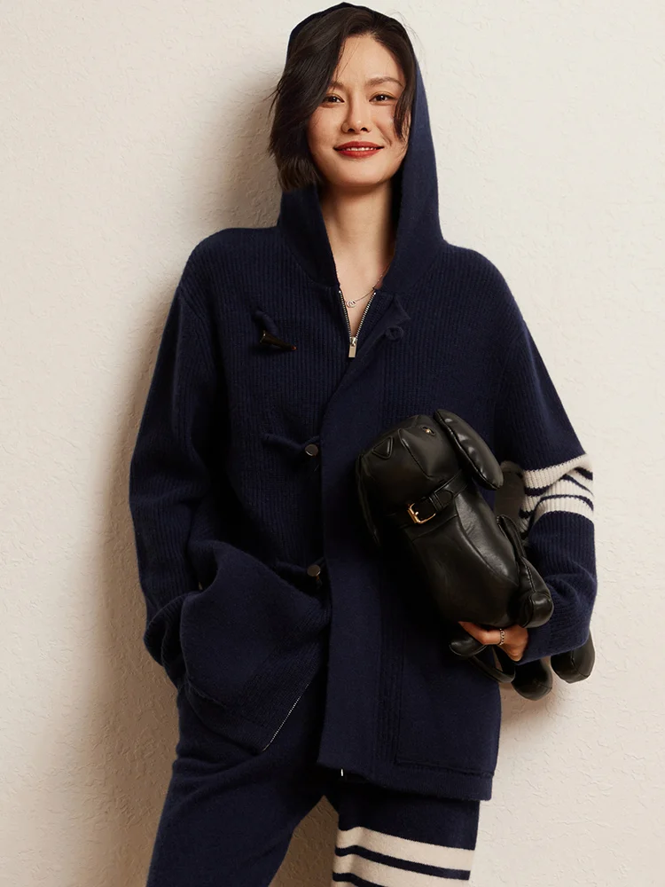 

100% Pure Cashmere Women's Casual Hooded Horn Button Knitted Cardigan Sweater Age Reduction Loose Fashion Jacket Autumn Winter