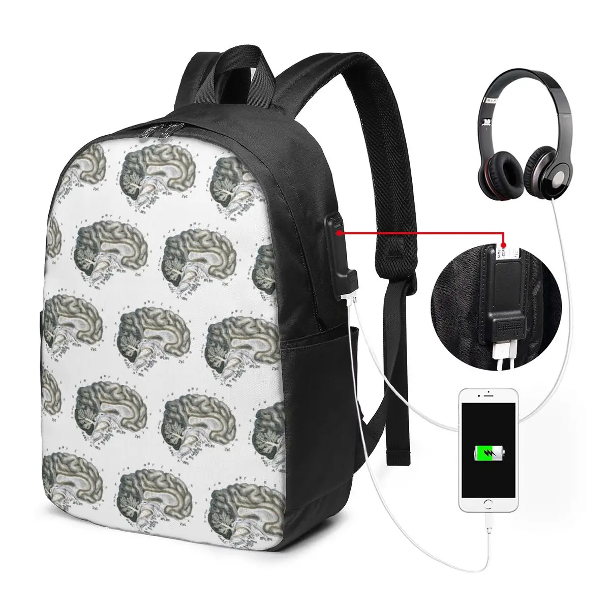 Realistic Brain Anatomy Design Backpack Travel Notebook Bag Computer College Student School Bag Laptop Shoulder Bags Men Women