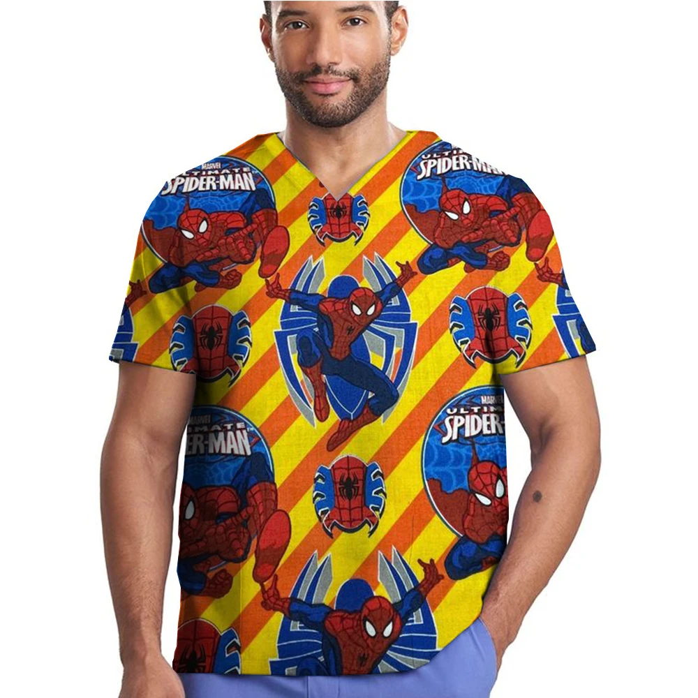 New beautician clothing Marvel Spider Man nursing top T-shirt medical uniform short sleeved women's men's V-neck pocket frosted