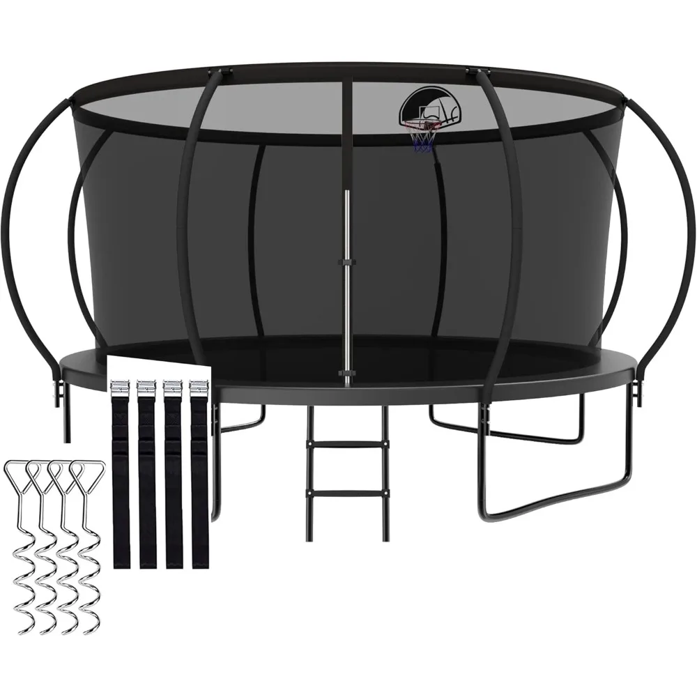 8 FT Tranpoline with Enclosure Net, Wind Stakes, Basketball Hoop, Heavy Duty Recreational Tranpolines, 1500LBS