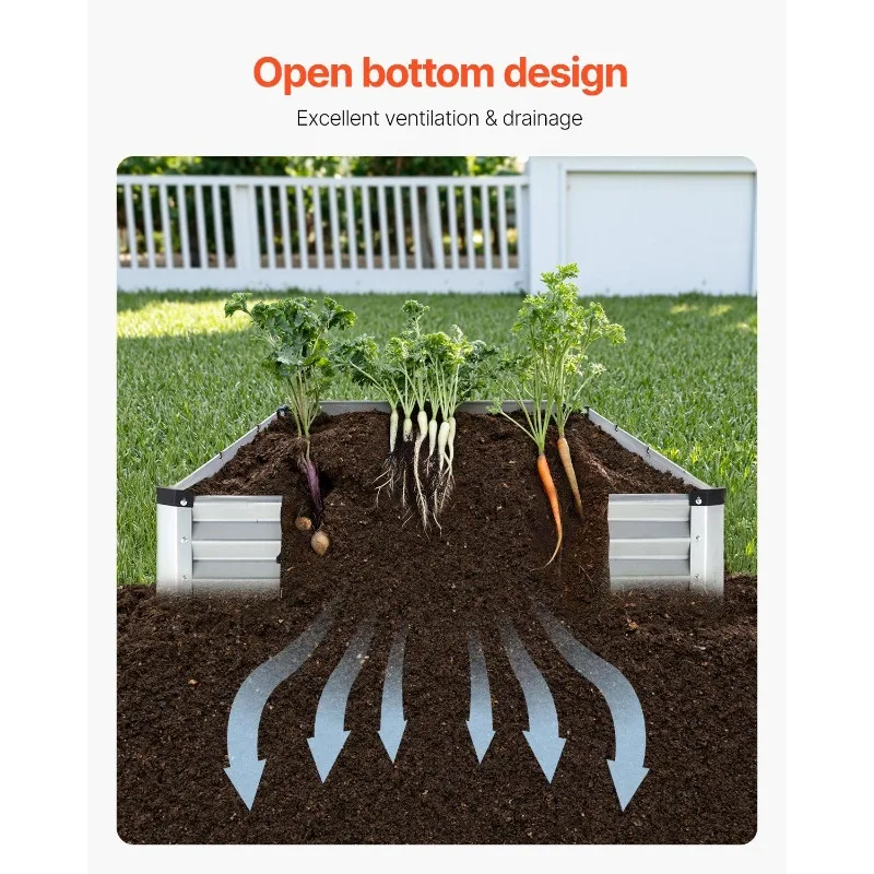 سرير حديقة معدني مرتفع مقاس 12 × 4 × 1 قدم صندوق زراعة مجلفن خارجي فضي