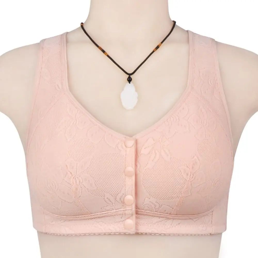 Comfortable Cotton Bras for Elderly Lace Flower Widen Band Front Close Button Bras Vest Breathable Push UP Underwear Lingerie