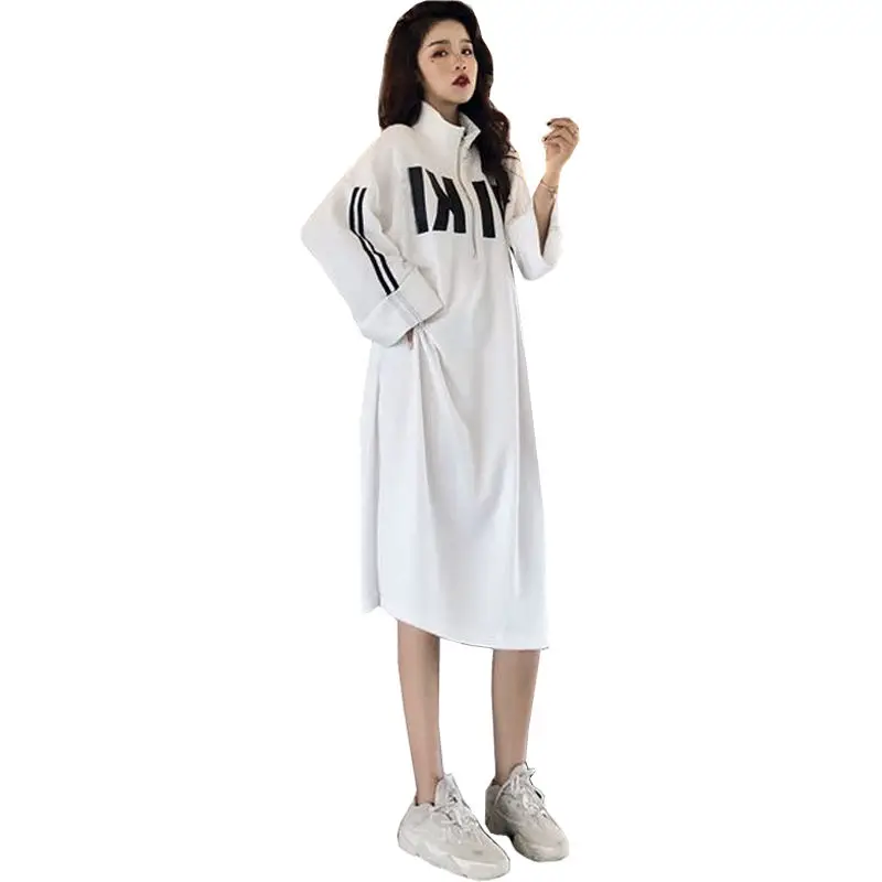 Oversized Autumn Korean Fashion Letter Turtleneck Long Sleeve Casual Dresses Female Street Casual Loose Zipper Pullover Dresses