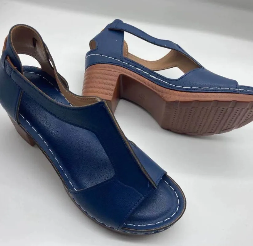 Summer Woman Sandals PU Buckle Strap Round head Shallow Comfy Soft Retro Thick heel Zapatos De Mujer Women Shoes Size 36-43