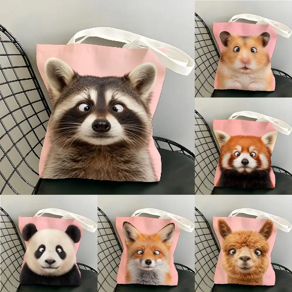 Cute Animal Portraits Storage Bags Canvas Tote Bag Double-Sided Print Durable Shoulder Beach Handbag for Picnic Gift Eco