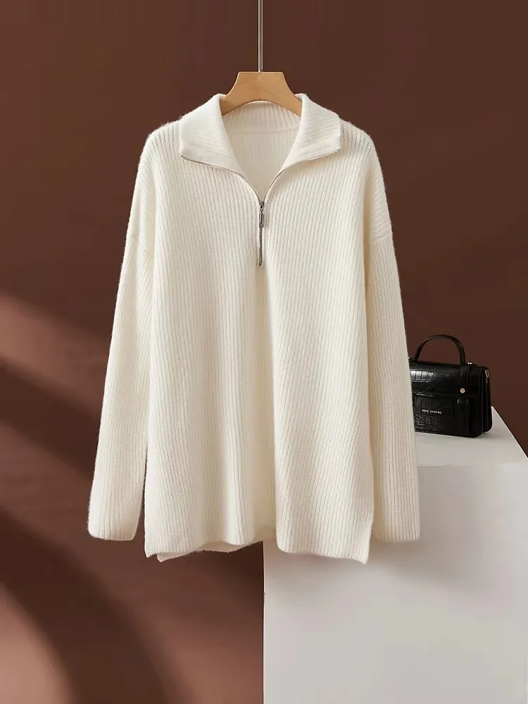 Light luxury high-end cloud-soft cashmere sweater for women, half-zip high-neck sweater, loose, thickened, lazy style knitted sw