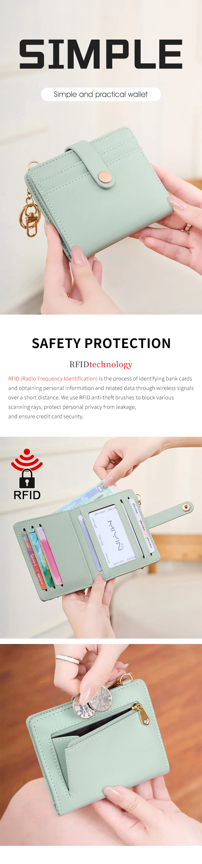 MIYIN Ultradünne Damen-Geldbörse RFID-geschützt, zweifach faltbarer Kreditkarten-/Ausweishalter, minimalistische kurze Geldbörse mit Reißverschluss und Schlüsselanhänger – Detail 1
