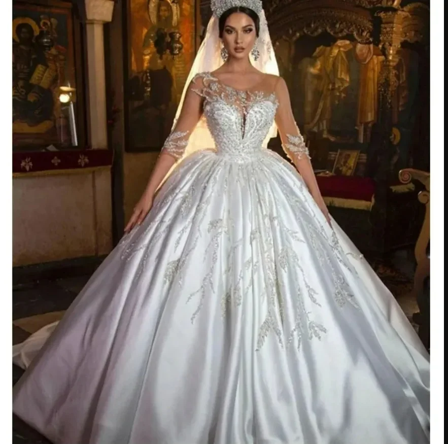 تخصيص مغرفة الرقبة تسلق الخرز الترتر فستان الزفاف Vestidos De Novia طويلة الأكمام العربية Ballgown منتفخ فستان زفاف