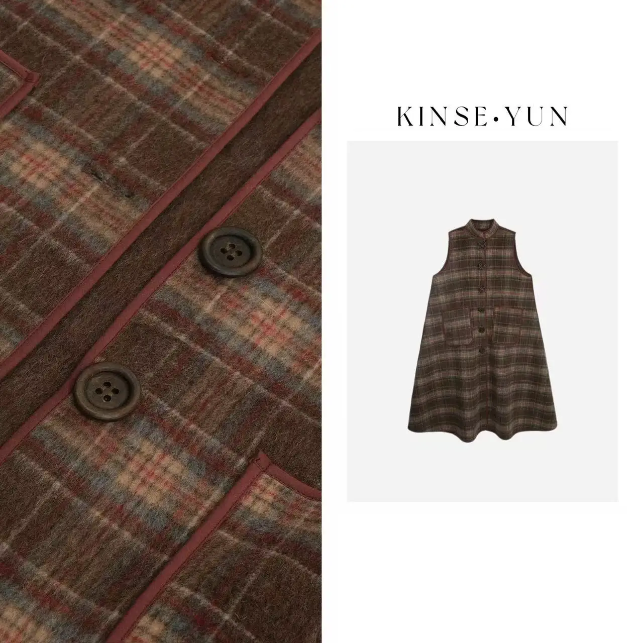 

Двусторонний клетчатый жилет-пальто А-силуэта из альпаки, толстый зимний женский верхний одеяние из смесовой шерсти и полиэстера Eastern Pearl KINSE·YUN