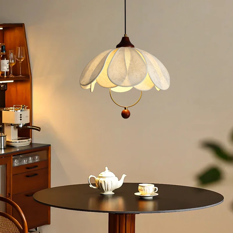

French Mid-century Petal Pendant Lamp Nordic Simple Creamy Fabric Dining Table Light Restaurant Hall Lighting