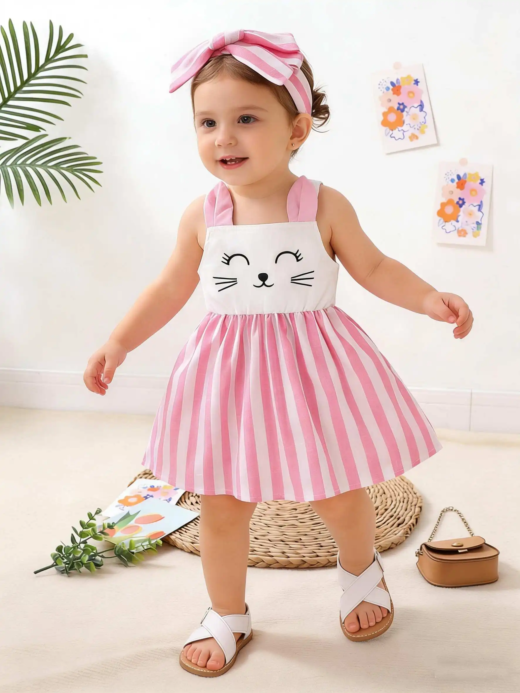 

Summer Newborn Baby Cat Stripe Dress Set Sweet Style 3D Cat Ear Sleeveless Princess Skirt with Hairband Two-Piece Outfit