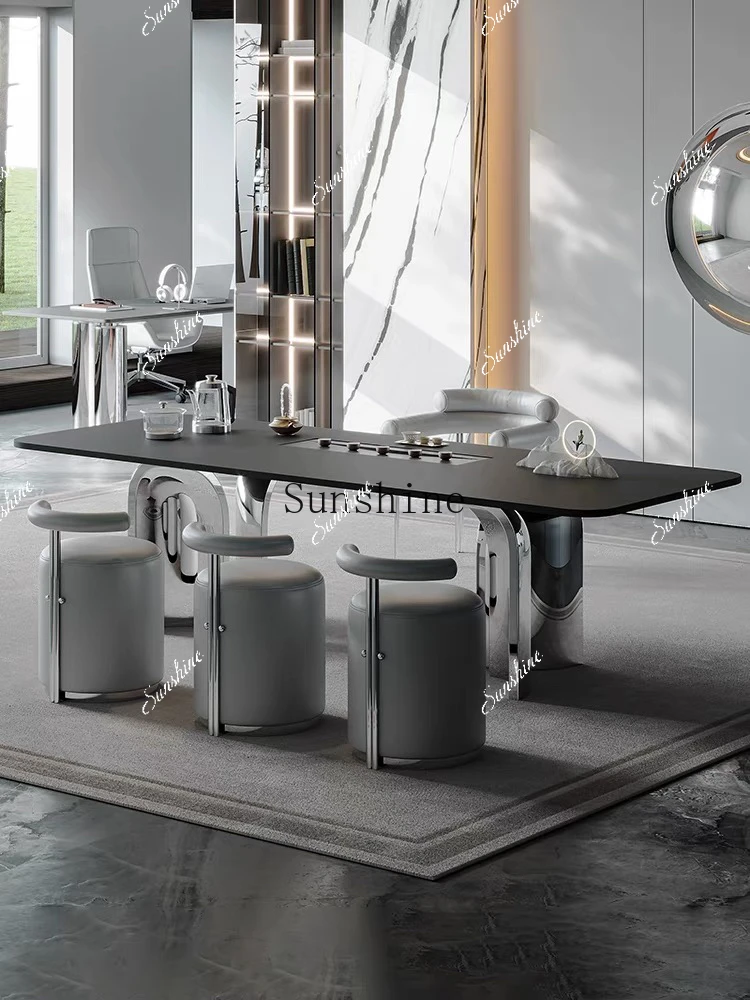 Light luxury rock slab tea table, simple modern creative high-end multi-functional integrated tea table and chair combination  F