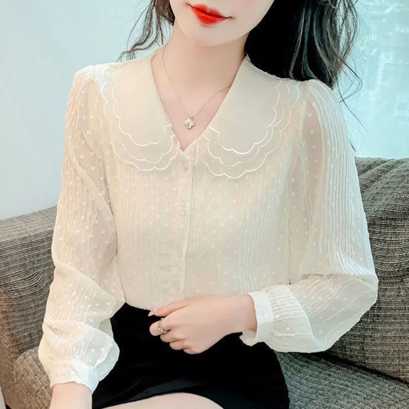 Sweet Peter Pan Collar Spliced Loose Ruffles Shirt Female Clothing 2023 Autumn New Casual Tops Solid Color Office Lady Blouse