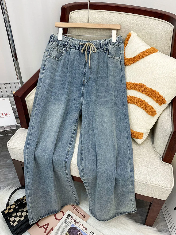 

plus Size Women's Jeans Loose Fit Straight Leg Light Blue Elastic Waist High Waist Denim Pants Summer Wear for Ladies