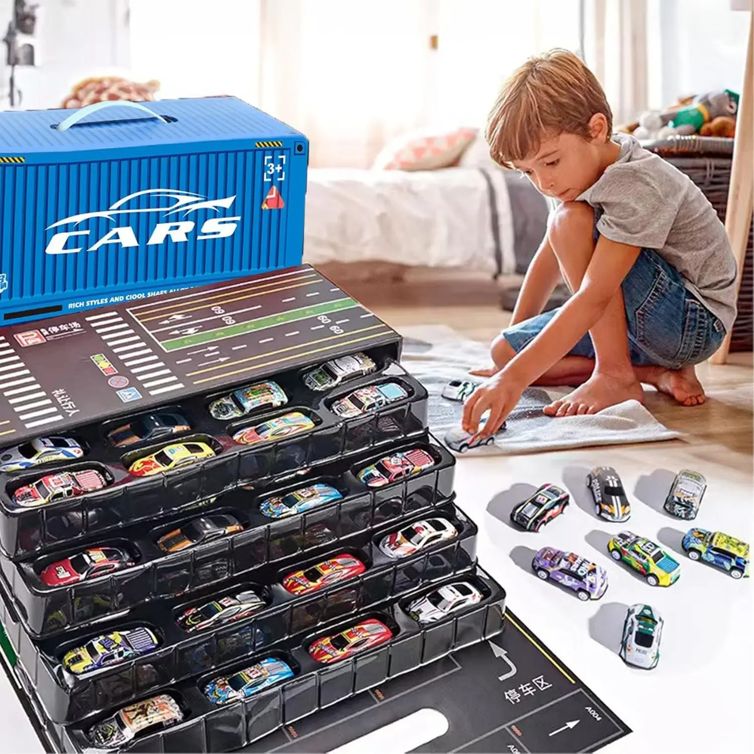 

48 Alloy Racing Car Toys 48 Pieces Pull Back Toy Race Cars,Handheld Iron Alloy Storage Box, Mini Metal Friction Powered Toy Car