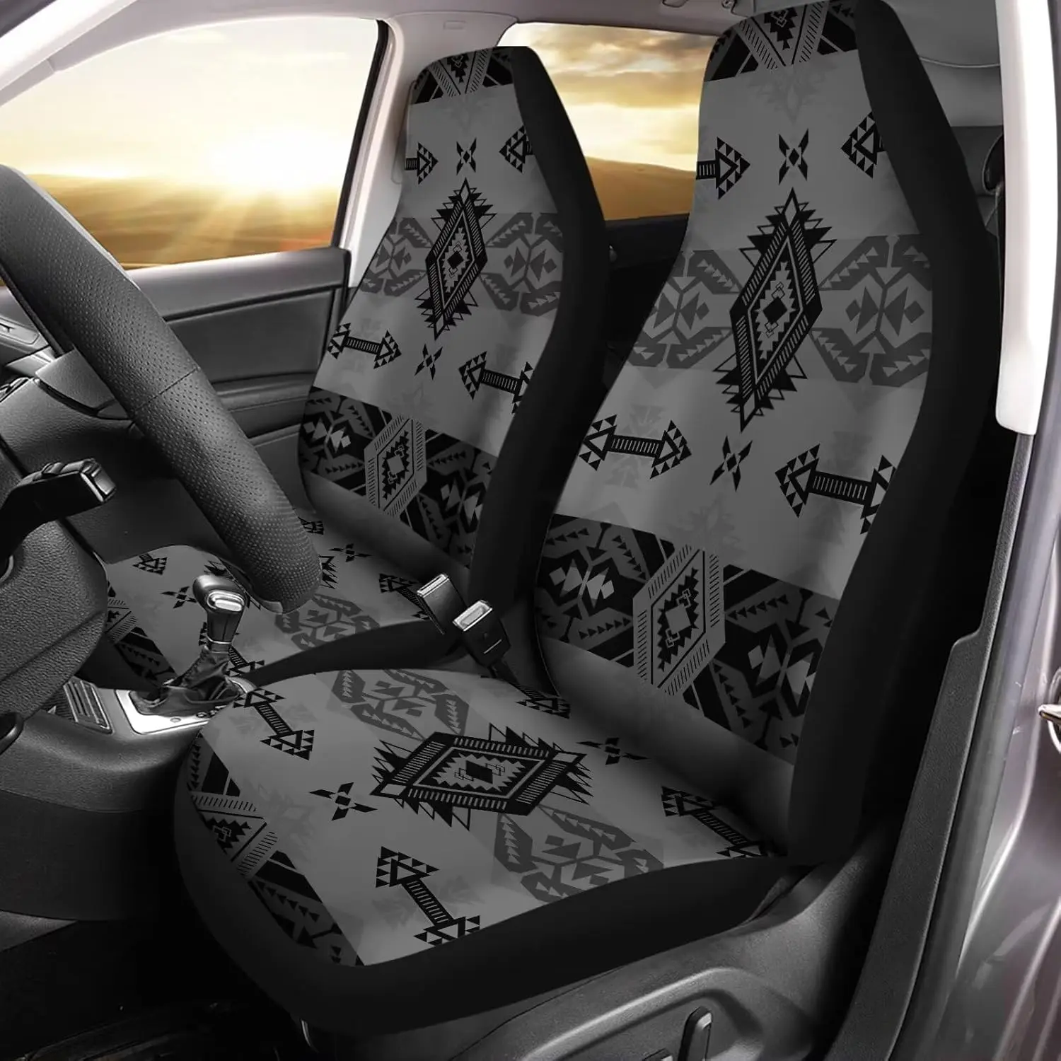 Grey Aztec Southwest Print Automobile Seat Cover Sets, Car Accessories Interior Decor 2Pcs, Car Seat Protectors for Car Truck