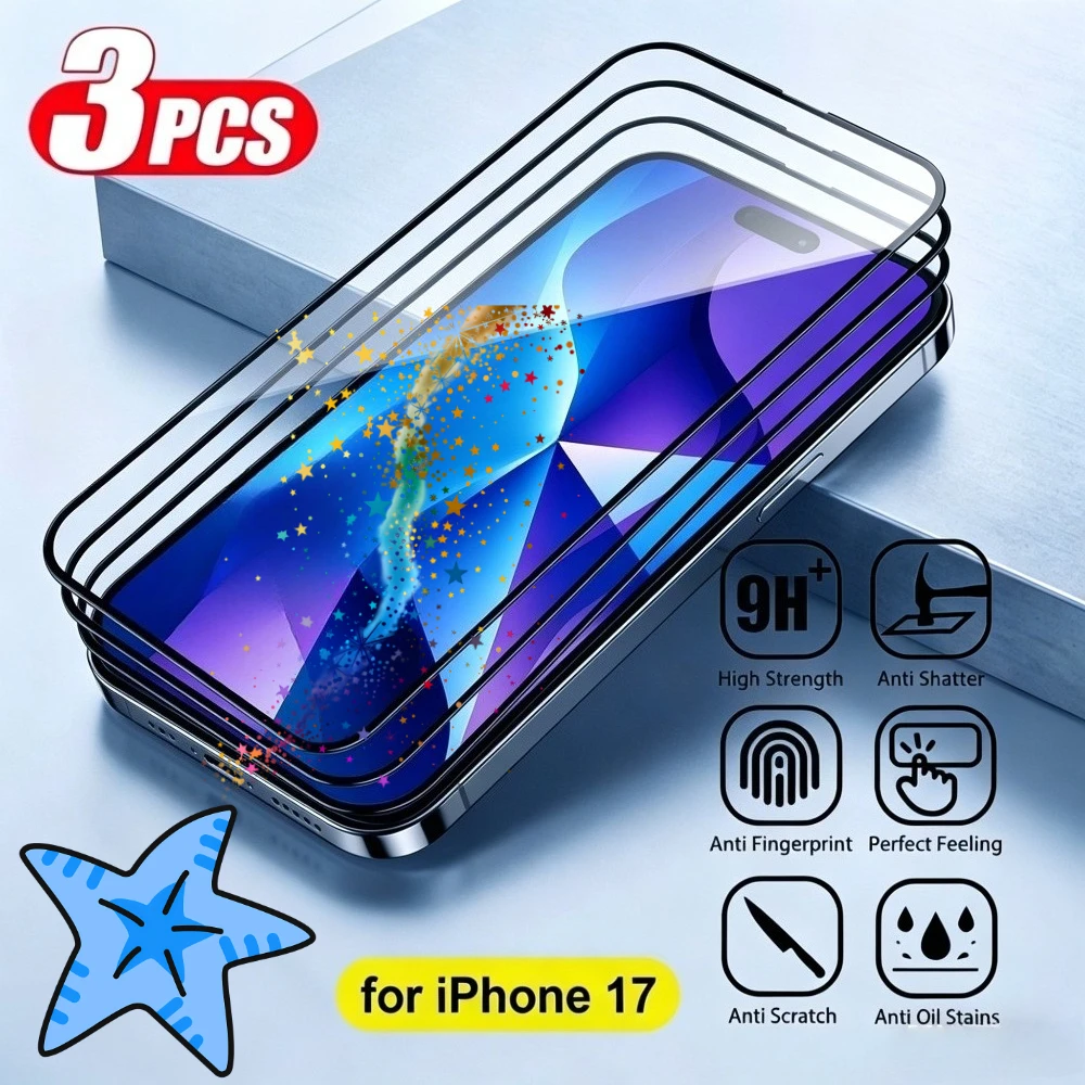 

Комплект из 3 защитных стекол Full Cover для iPhone 17, 16, 15, 14 Pro Max, Air 17e, 16, 15 Plus, 13, 12, 11 Pro, Mini, твердость 9H, закаленное стекло
