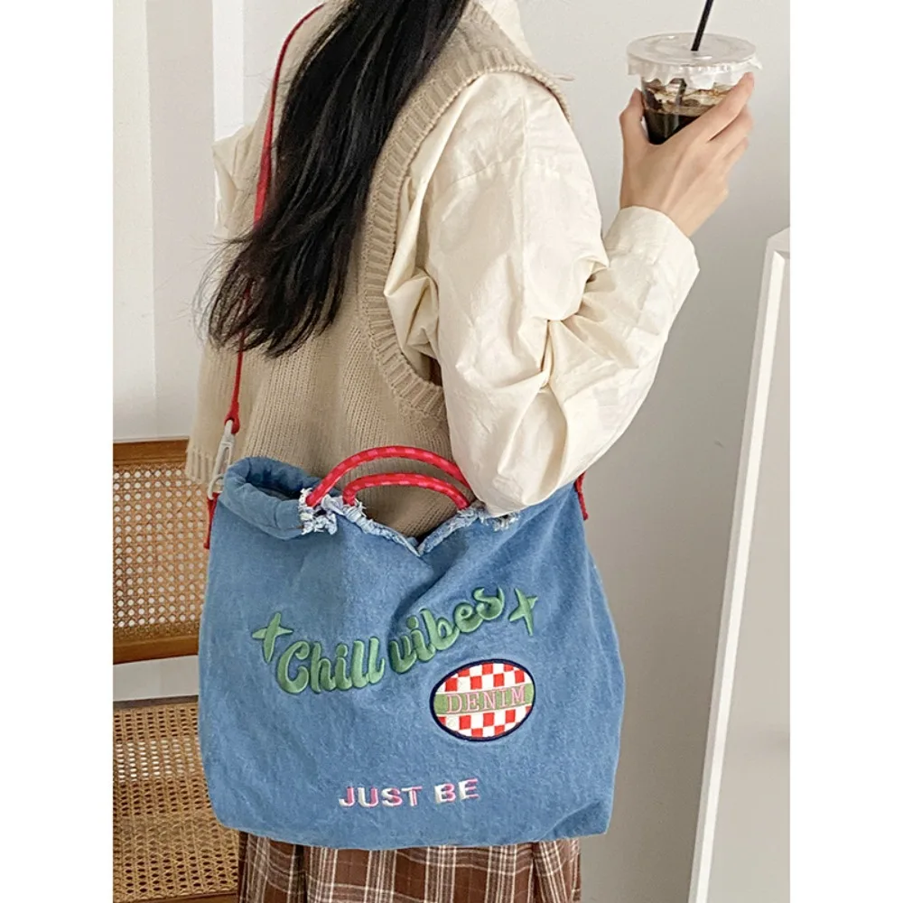 

Denim Fabric Shopping Tote Bags New Large Capacity Embroidery Eco Bag Shoulder Bag