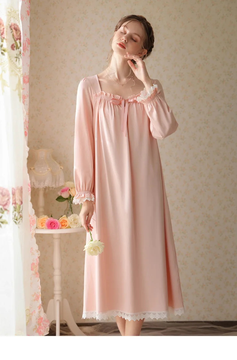 Women Cotton Night Dress Spring Autumn Long Sleeve Loose Robe Sweet Lace Romantic Vintage Nightgown Princess Sleepwear Homedress - Image 5