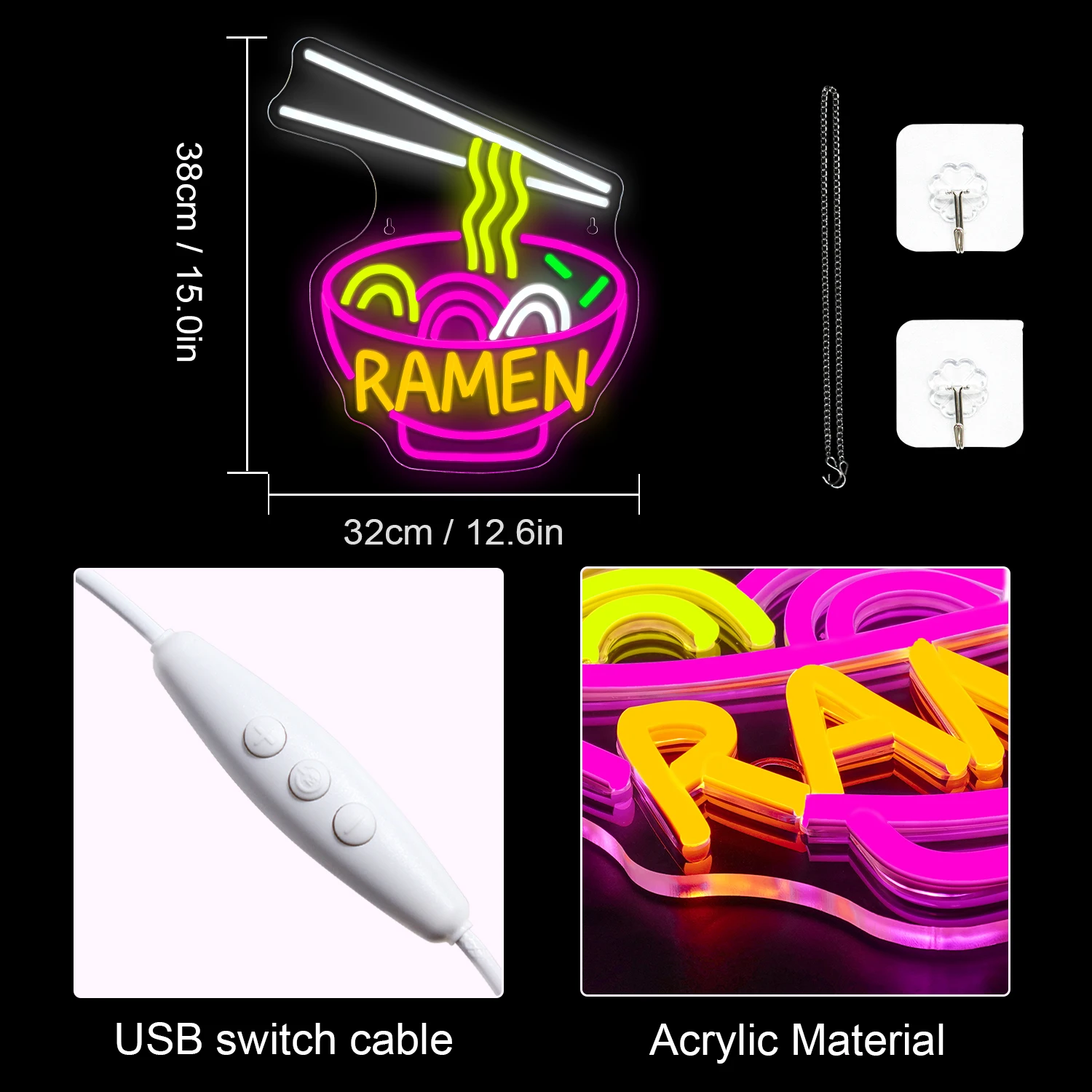 Enseigne au néon à intensité variable Ramen, USB, lumières pour dominant, japonais, NrelugShop, bar, cuisine, salle à manger, fête, affaires,