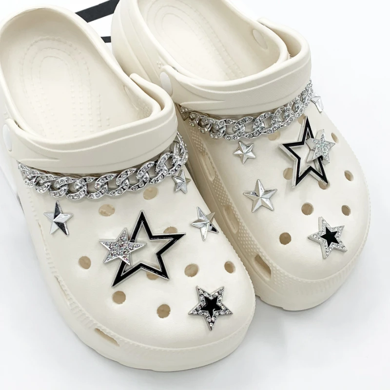 Fashion Shoe Charms Set with Hole Shoe Buckle Metal Rhinestone Chain Five-Pointed Star DIY Shoe Decorations Accessories New
