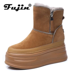 Fujin 9cm Suede Cow Genuine Leather Platform Wedge Winter Plush Women Boots Hidden Heels Spring Warm Ankle Booties Autumn Shoes