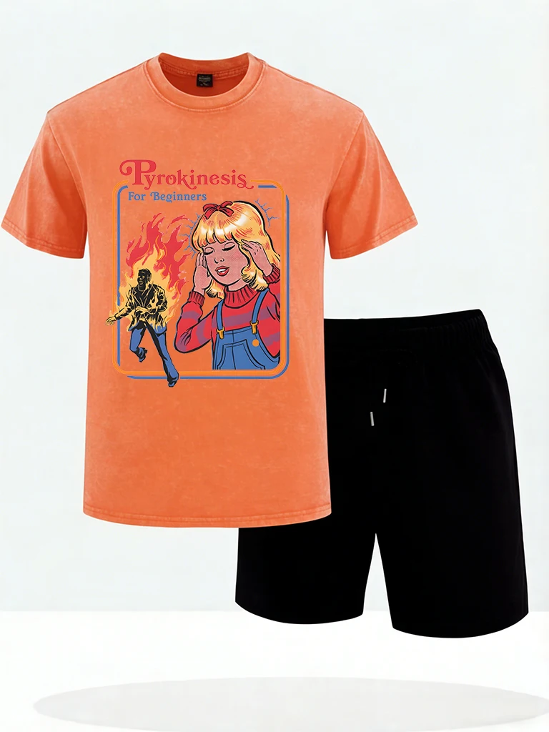 

Pyrokinesis For Beginners Prints Washed Men T-Shirt Casual Sport Short Sleeve & Pants Cotton Street Clothes Soft Shorts Set