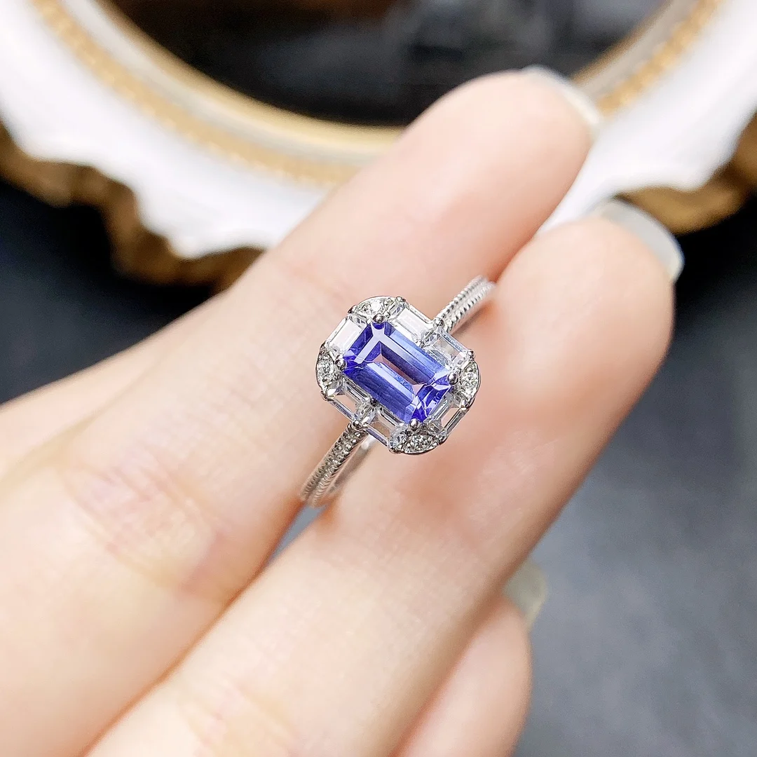 FS Real S925 Sterling Silver Inlay 4*6 Natural Tanzanite Ring With Certificate Charm Fine Fashion Jewelry for Women MeiBaPJ