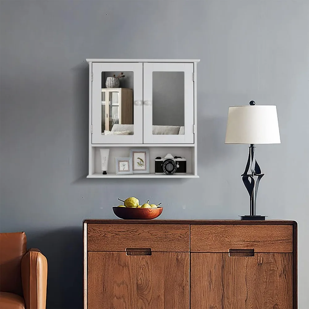 Medicine Cabinet with Mirror, Armários de remédios para banheiro, 2 portas, 3 Open Shelf