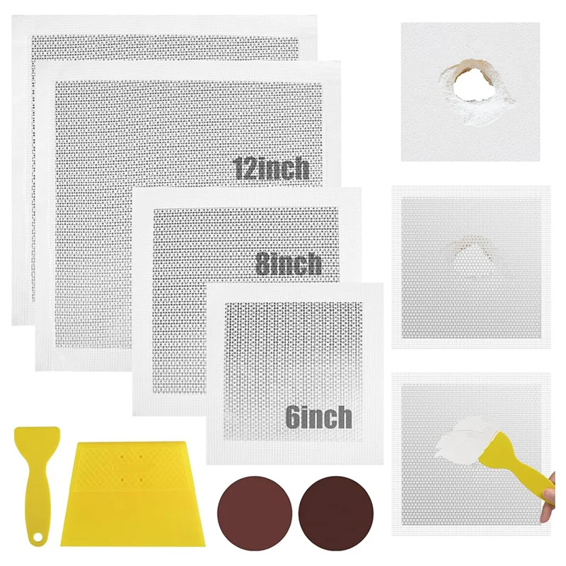 A84X-Kit di riparazione per cartongesso Confezione da 8, per fori grandi Kit di toppe per muro a secco da 6/8/12/12 pollici Include raschietto e carta vetrata