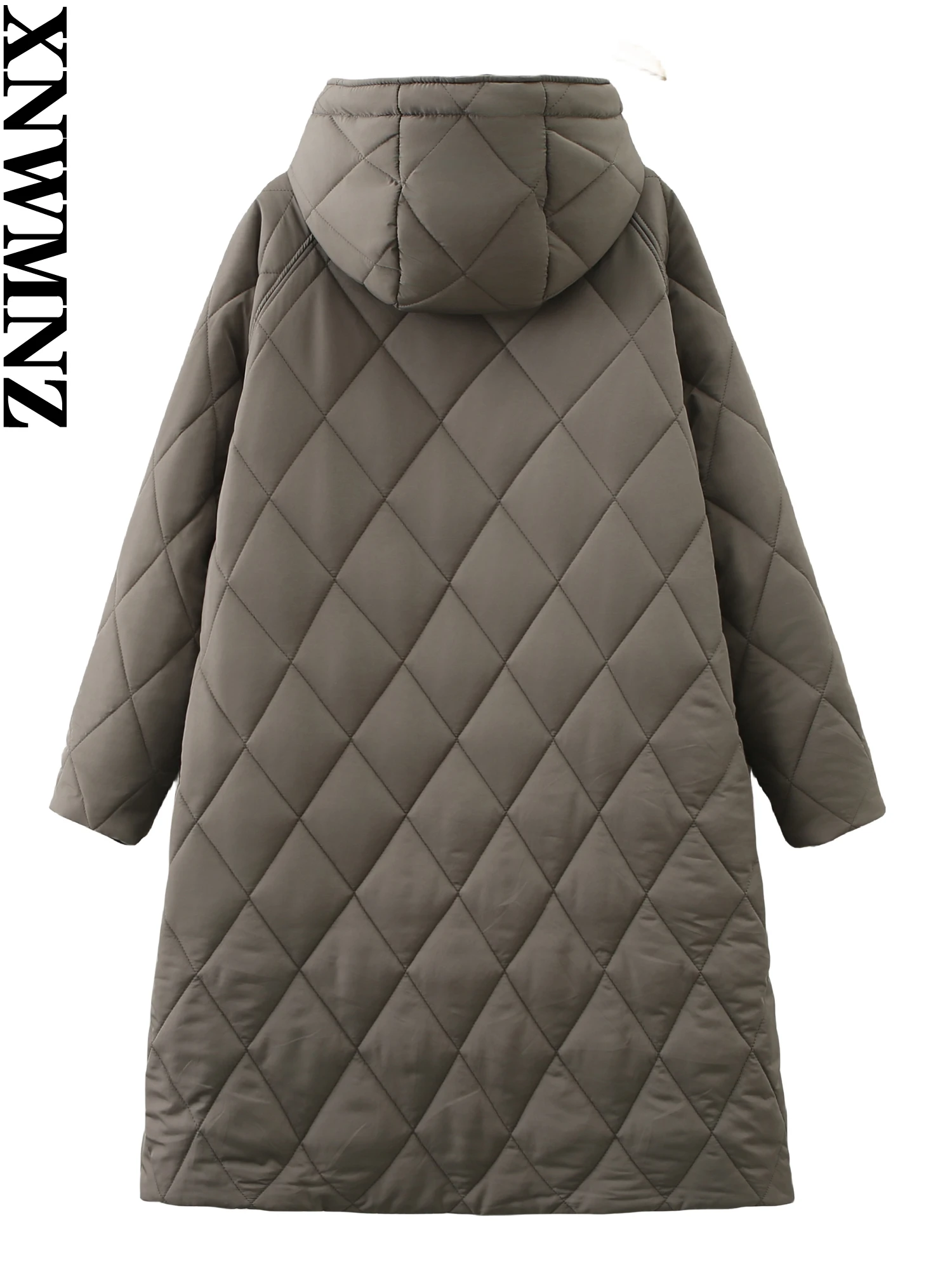 XNWMNZ Women's Fashion 2023 Winter Long Hooded Padded Jacket Women Vintage High Neck Long Sleeve Zipper Pocket Female Warm Coat