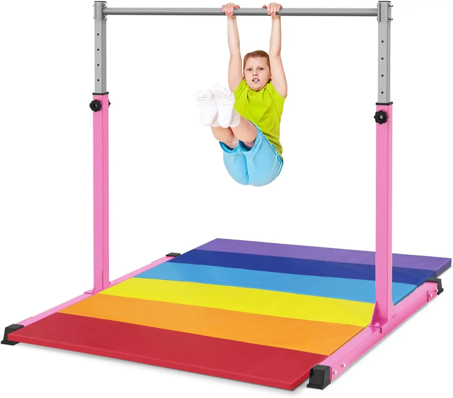 Gymnastics Bar with Mat for Kids Ages3-15for Home,Excellent Stability Adjustable Height Comfortable padding Easy Installation