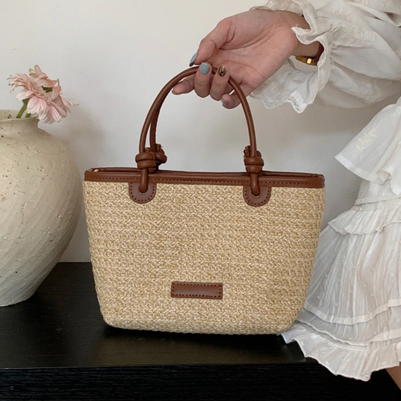 Summer Vacation Women\'s Beach Straw Shoulder Bag Retro Design Ladies Portable Crossbody Bags Knot Basket Woven Tote Handbags