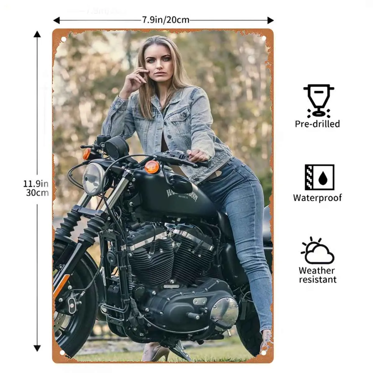 Glamorous Woman with Leather Jacket and Motorcycle Vintage Metal Wall Sign Decor