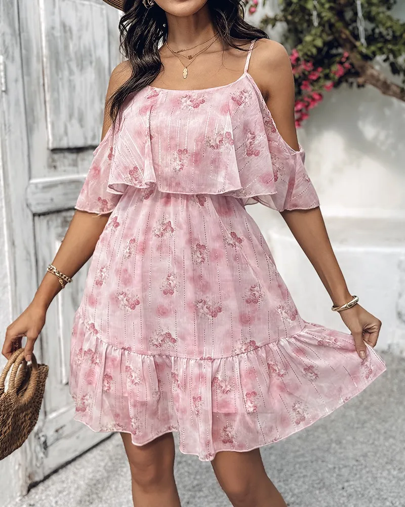 Vestido feminino de verão elegante estampa floral ombro frio alça espaguete babados vestido em camadas vestido doce