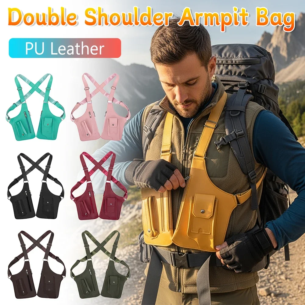 

Men's Back Crossbody Bags Double Shoulder Strap Multi-Pocket Outdoor Anti-Theft Tactical Vest Chest Bag Waterproof PU Leather