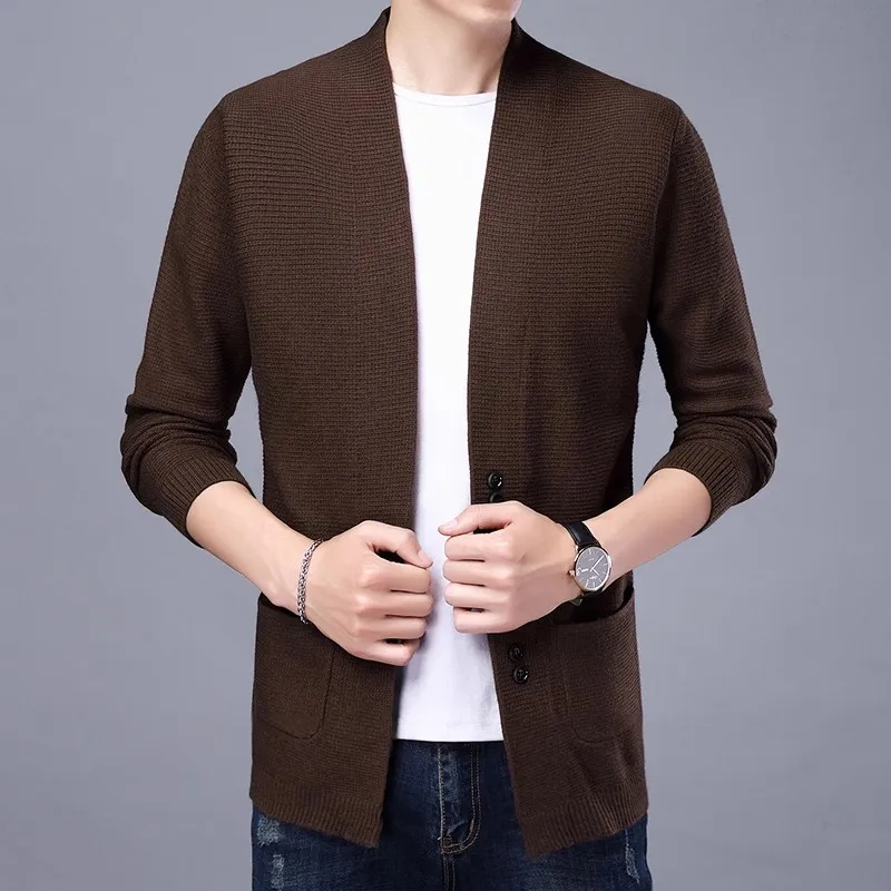 Autumn Winter Knitted Cardigan Men Fashion Slim Fit Sweater outerwear Mens Solid Color V Neck Casual Korean Knit Cardigan Man