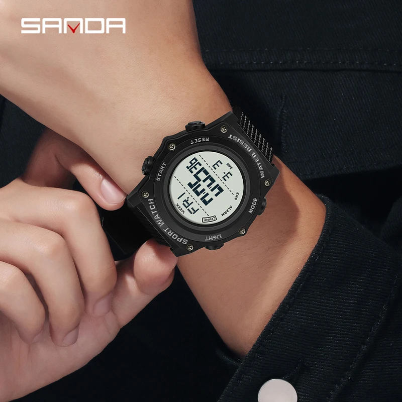 SANDA 2159 relojes electrónicos de moda para hombres, deportes al aire libre, estudiantes, calendario luminoso resistente al agua, reloj Digital multifunción fresco