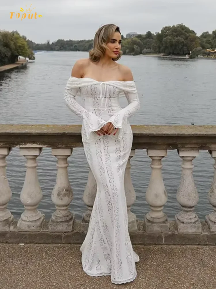 Robe de Soirée Transparente à Lacets pour Femme, Tenue Sexy, Ajourée, Manches Évasées, Enveloppée sur la Poitrine, Bord de Mer, Été 2024