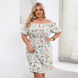 Damskie 1XL-4XL Plus Size Delikatny nadruk z odkrytymi ramionami w talii, krótka spódniczka na jedno ramię, ekspozytory elegancki temperament